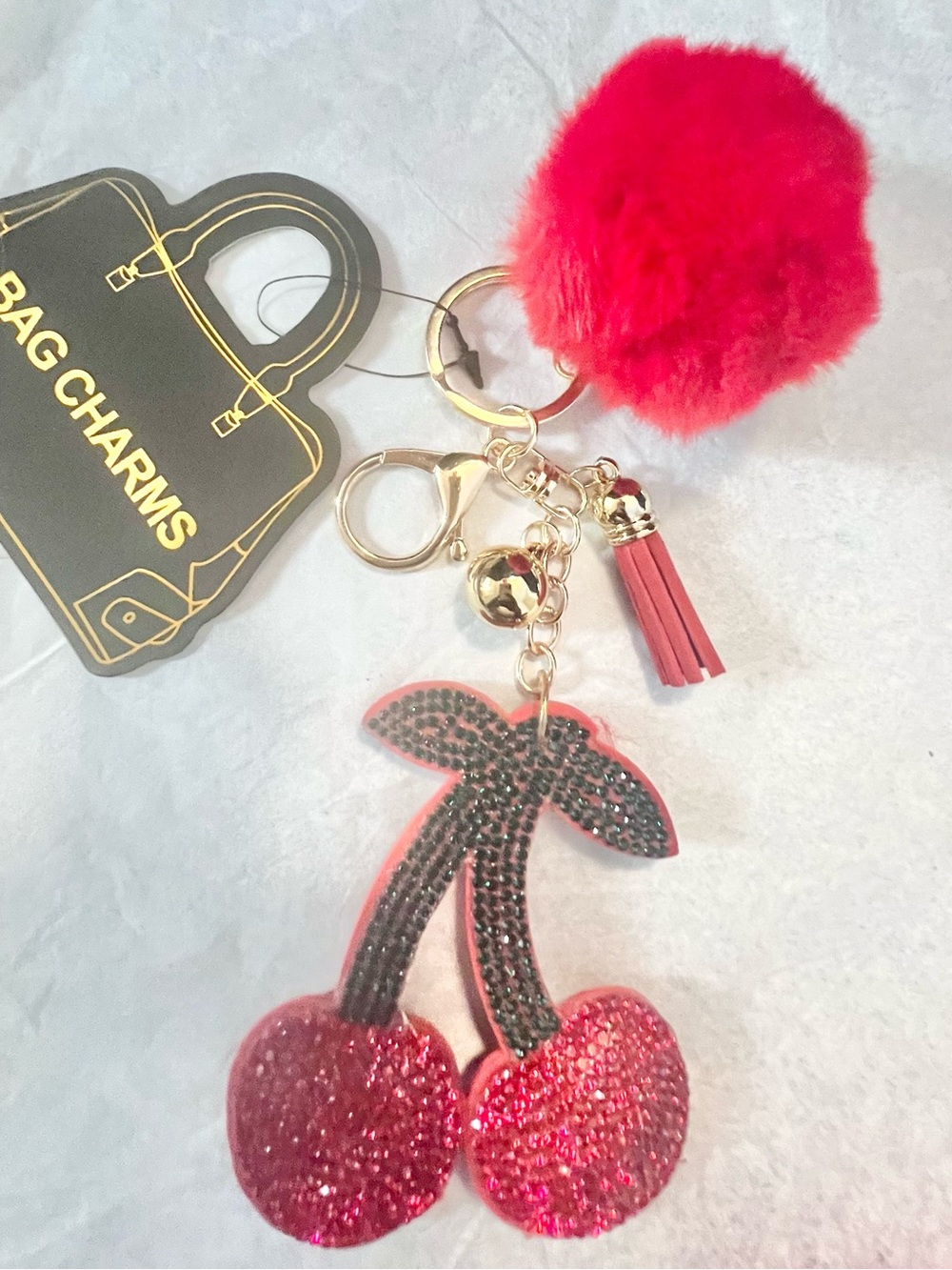 NWT Red Cherry Pom Pom Bag Charm Keychain